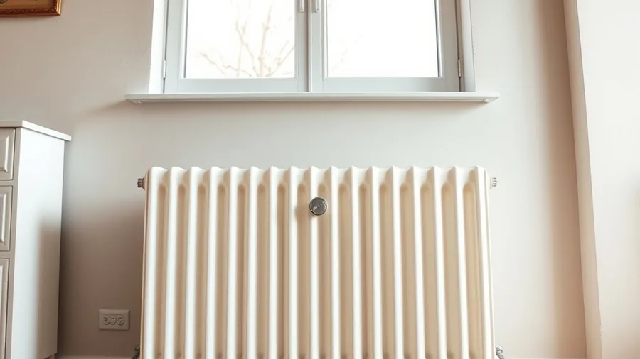 Radiateur à eau chaude en acier blanc sous une fenêtre, vanne thermostatique au premier plan