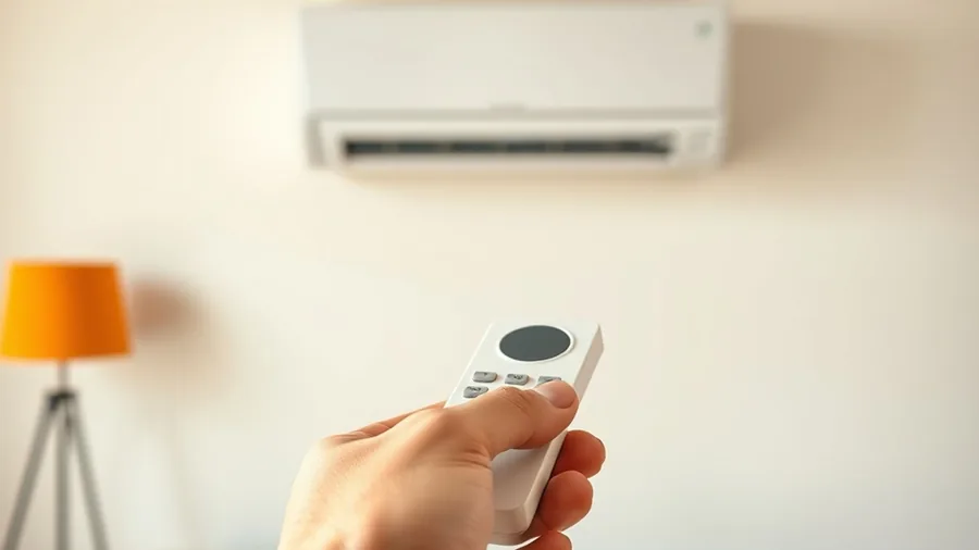 Télécommande de climatisation réversible tenue devant une unité murale en mode chauffage