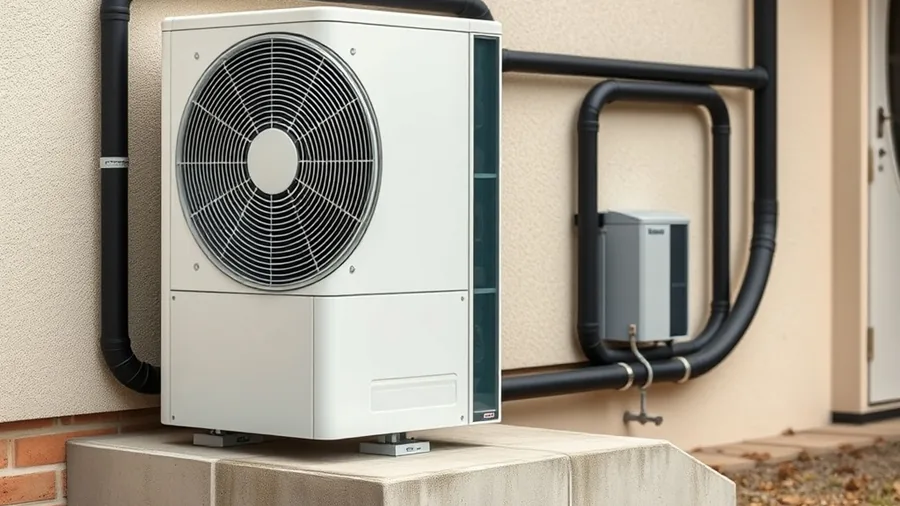 Unité extérieure de pompe à chaleur air-eau fixée sur supports au pied d’un mur de maison