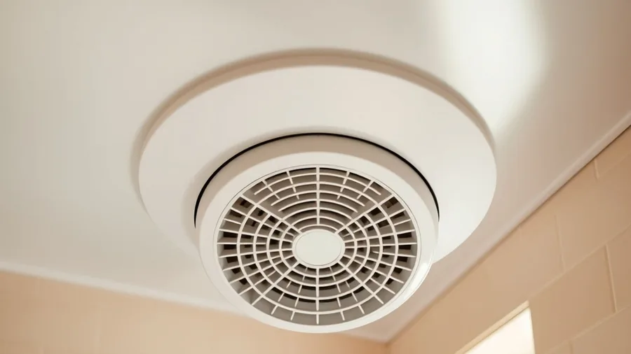 Bouche d’extraction de VMC ronde au plafond d’une salle de bains carrelée